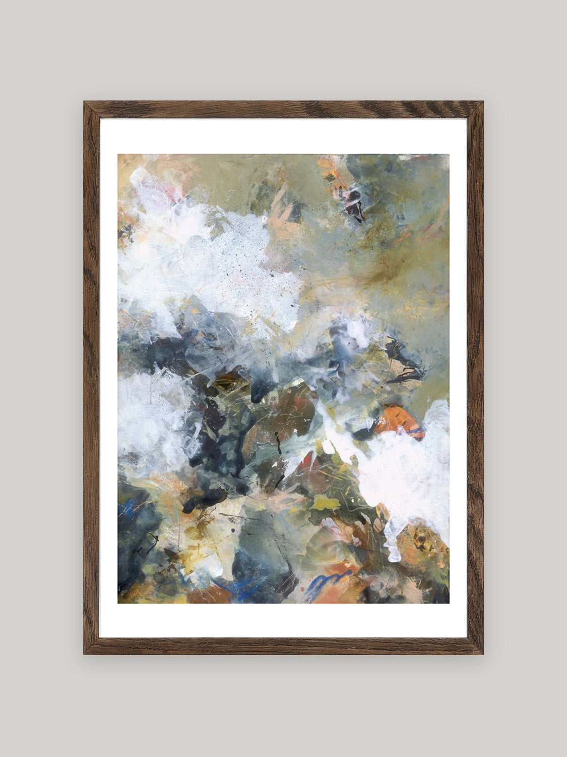 Abstract art print with a mix of white, brown and blue colours in dark oak frame on a neutral background.