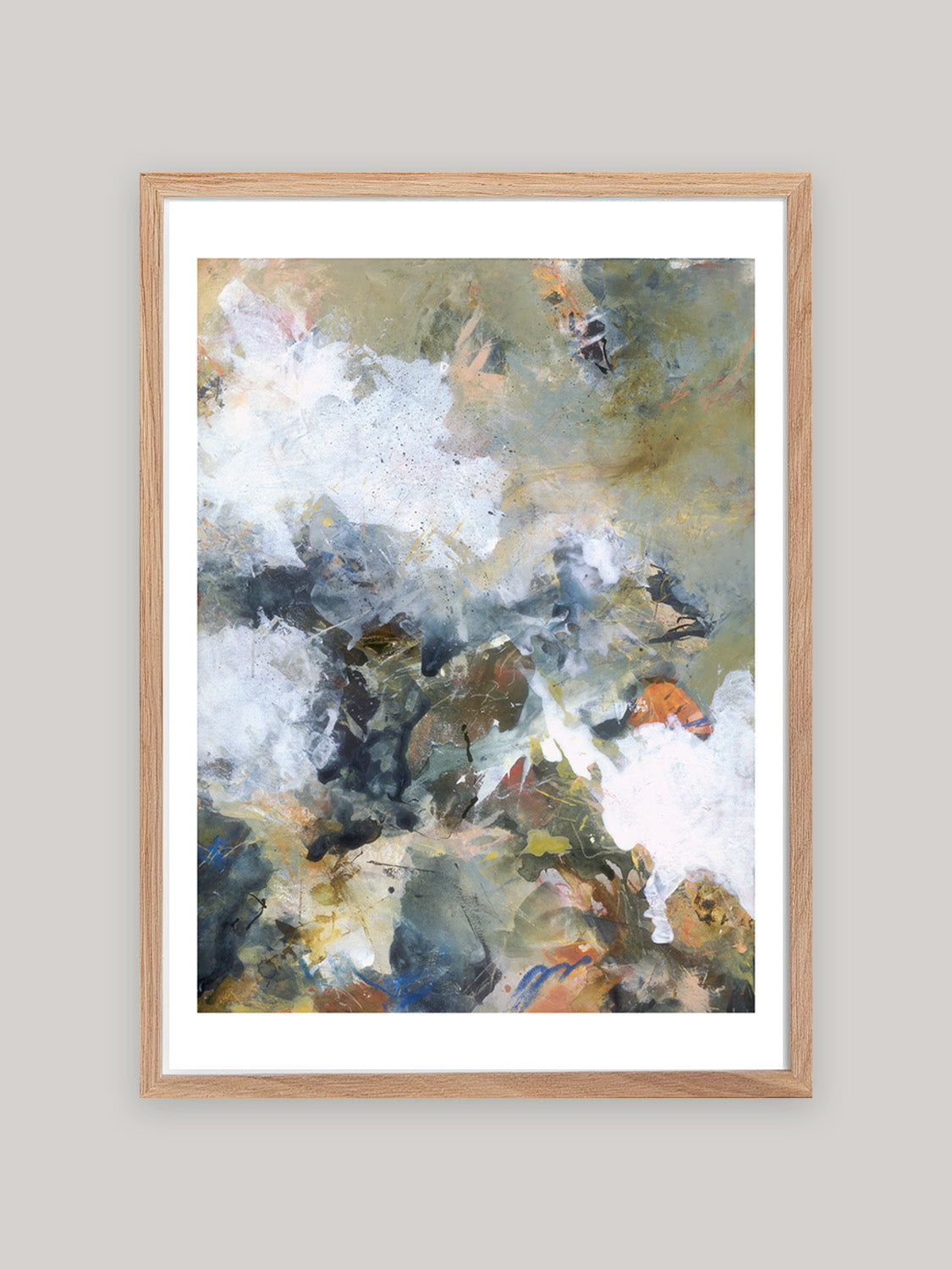 Abstract art print with a mix of white, brown and blue colours in oak frame on a neutral background.