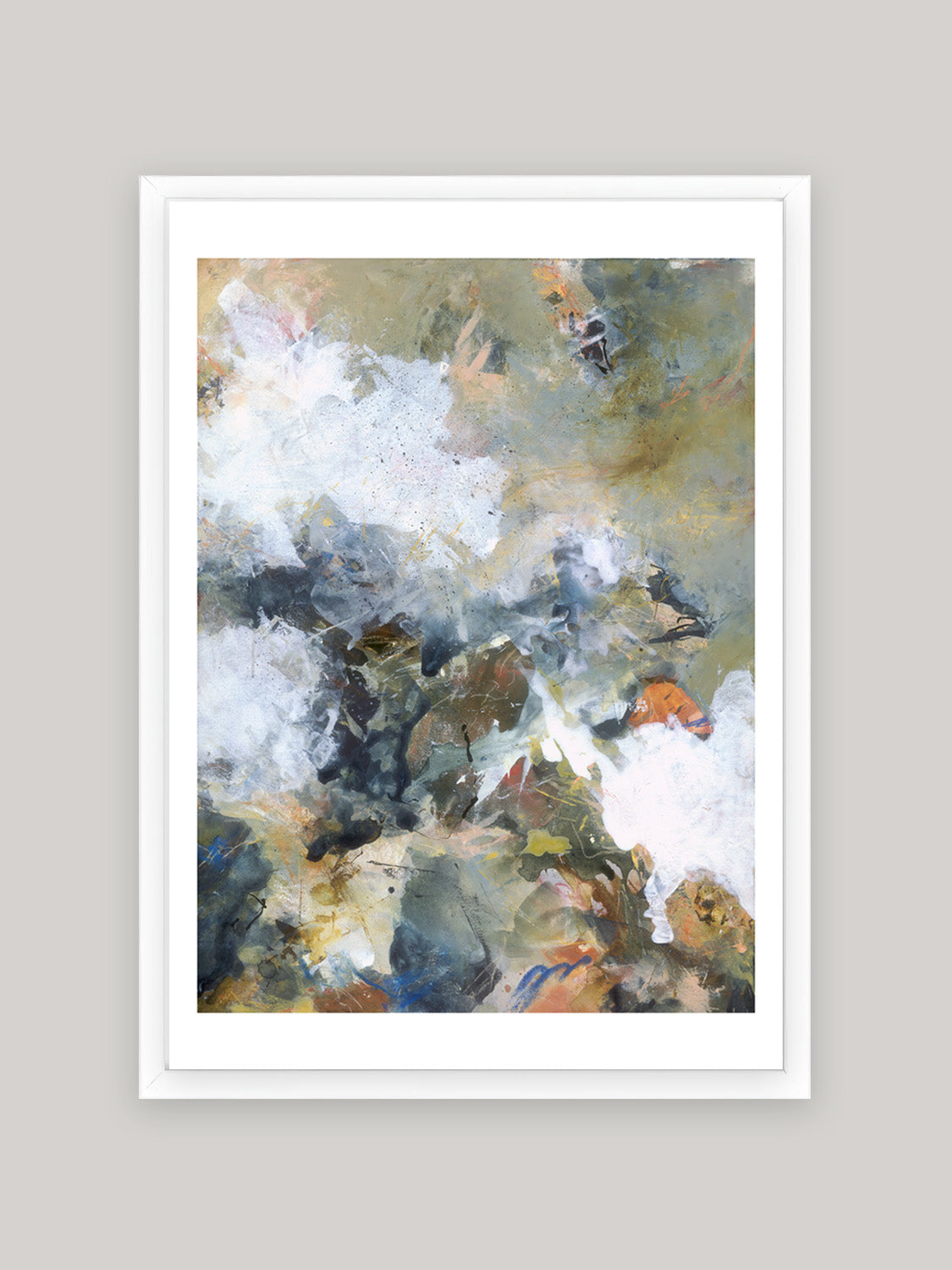 Abstract art print with a mix of white, brown and blue colours in white frame on a neutral background.