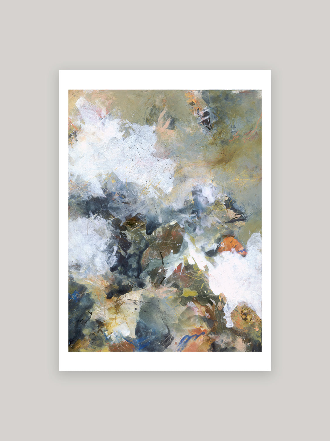 Abstract art print with a mix of white, brown and blue colours on a neutral background.
