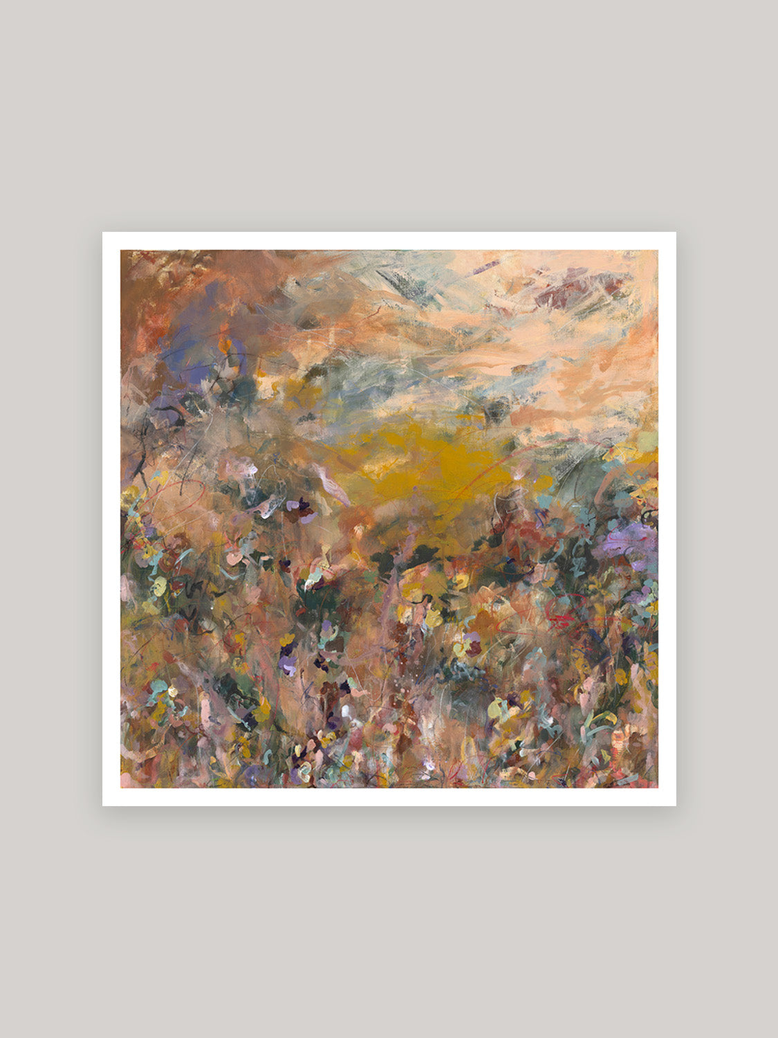Abstract art print with warm colours on a neutral background.