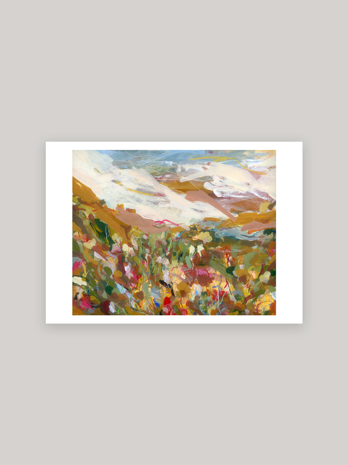 Abstract art print with vibrant colours on a neutral background.