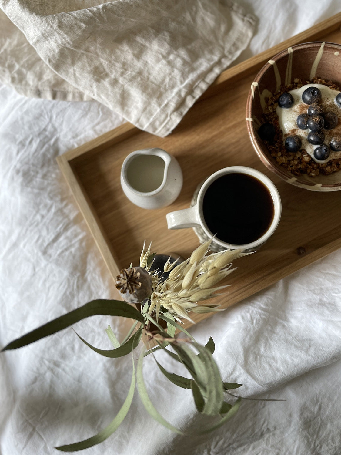 Handmade rectangular oak tray with breakfast set-up.