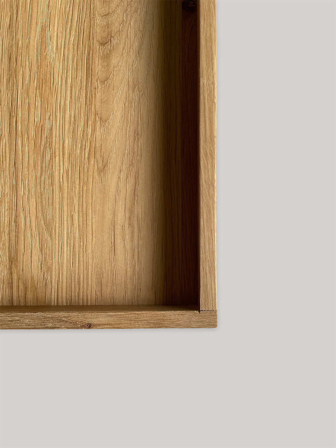 Handmade rectangular oak tray -top detail.