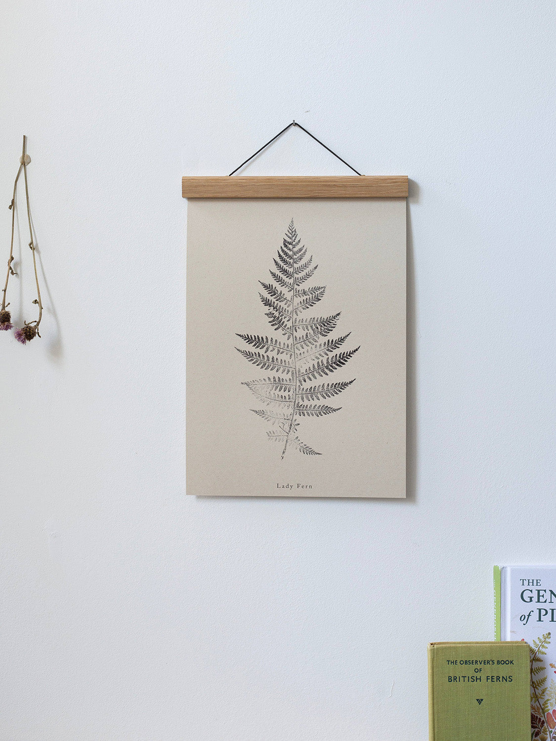 Fern print on a beige background with wooden frame hanging on a white wall.