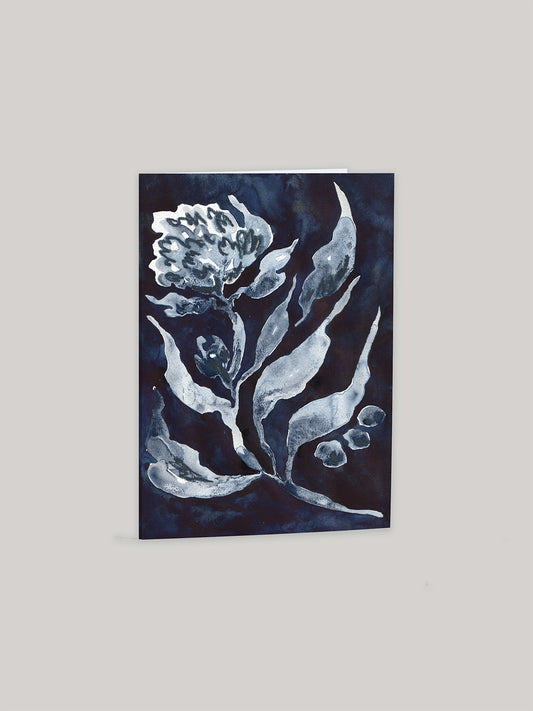 Greetings cards with watercolour floral design in deep, inky blue hues.
