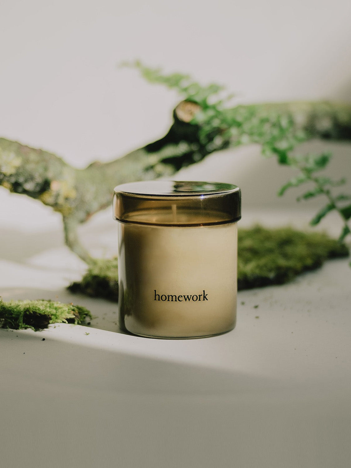 Candle in smoked glass jar labelled 'homework' with a natural background.