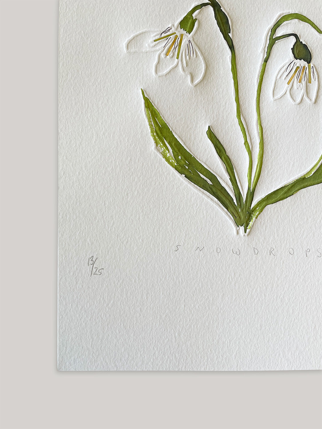 Snowdrops embossing, drawing and collage - detail.