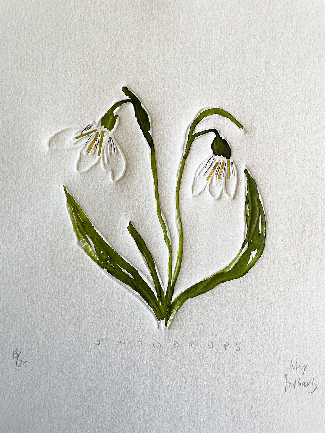 Snowdrops embossing, drawing and collage - detail.