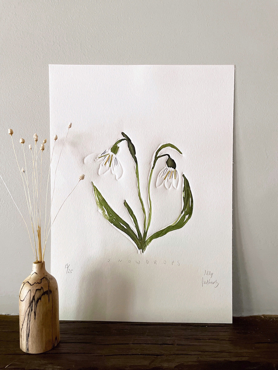 Snowdrops embossing, drawing and collage with wooden bud vase.
