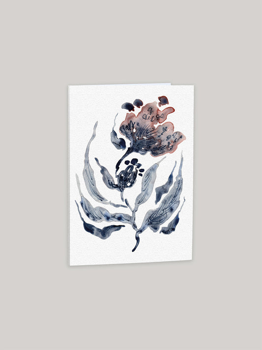 Greetings card with watercolour floral design on a neutral background.