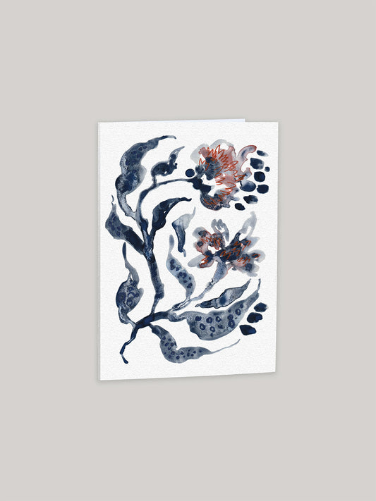 Greetings card with abstract floral design on a white background.