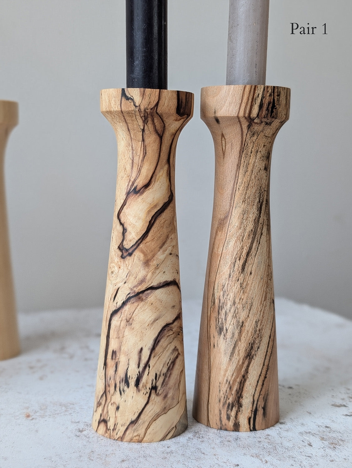 Pair of Tall Wooden Candle Holders in Spalted Beech