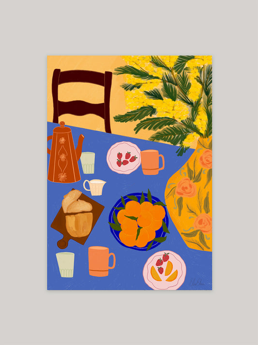 Illustration of a table setting with oranges, bread, cups and a vase of yellow flowers on a blue tablecloth.