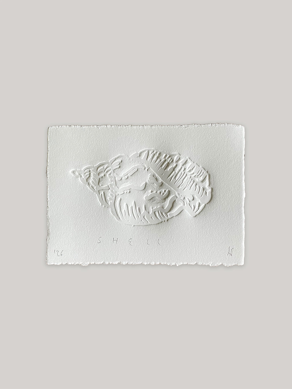 Conch shell hand-embossed artwork on white paper with 'Shell' text and deckled edges.