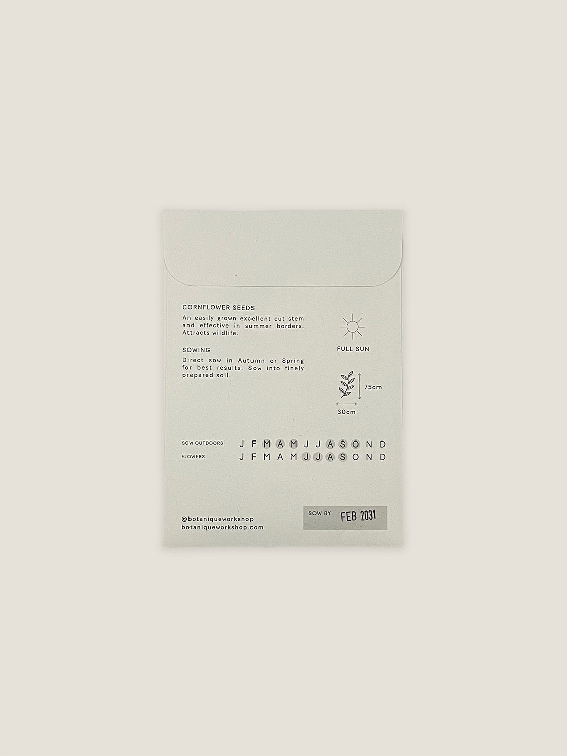 Back of Cornflower seed packet with text and growing instructions on a neutral background.