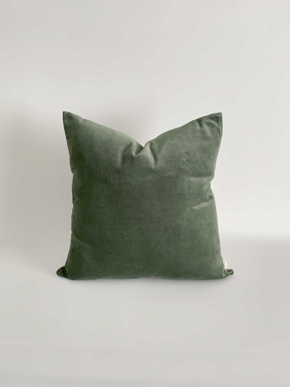 A square cushion in a sage green velvet fabric, against a light neutral background.