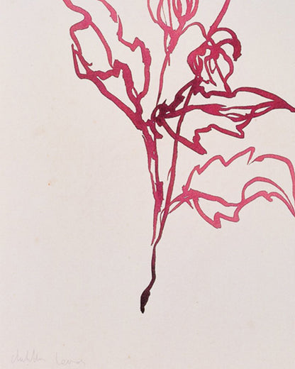 Close-up detail of art print of Dahlia leaves in red ink on vintage paper