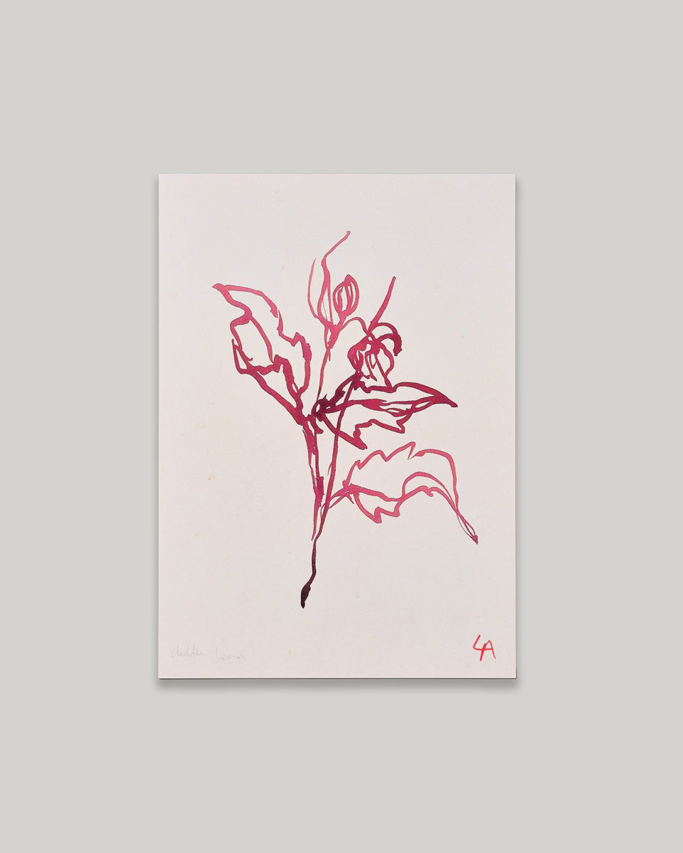 Art print of Dahlia leaves in red ink on vintage paper