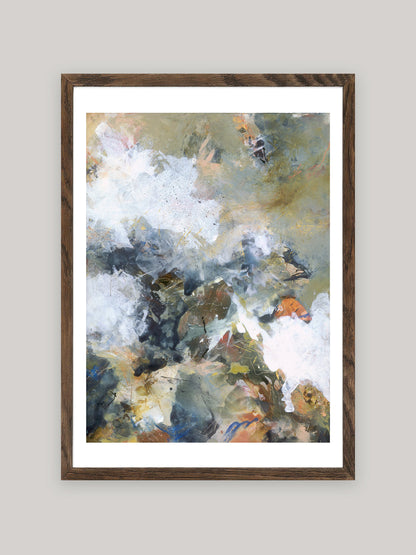 Abstract art print with a mix of white, brown and blue colours in dark oak frame on a neutral background.
