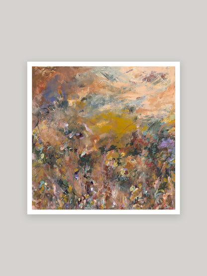 Abstract art print with warm colours on a neutral background.