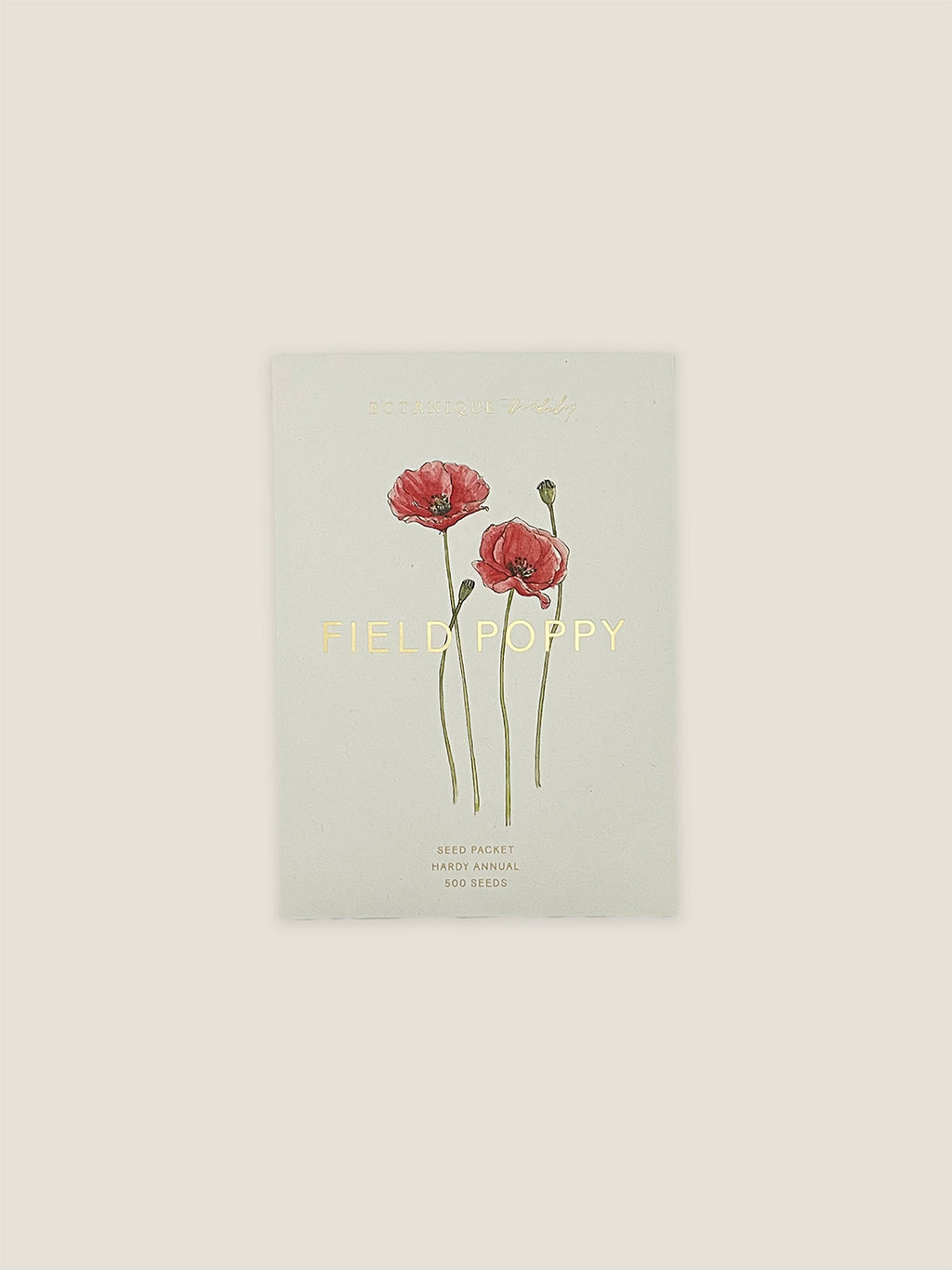 Field Poppy seed packet with botanical illustration on a neutral background.