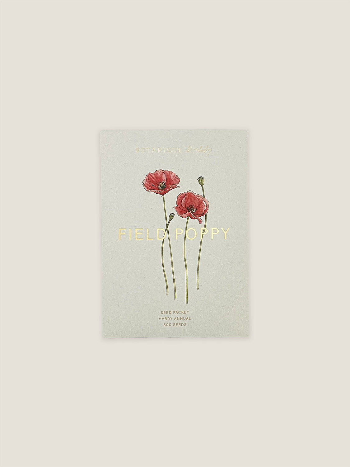 Field Poppy seed packet with botanical illustration on a neutral background.
