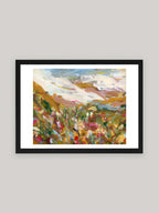 Abstract art print with vibrant colours in black frame on a neutral background.