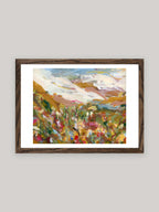 Abstract art print with vibrant colours in dark oak frame on a neutral background.