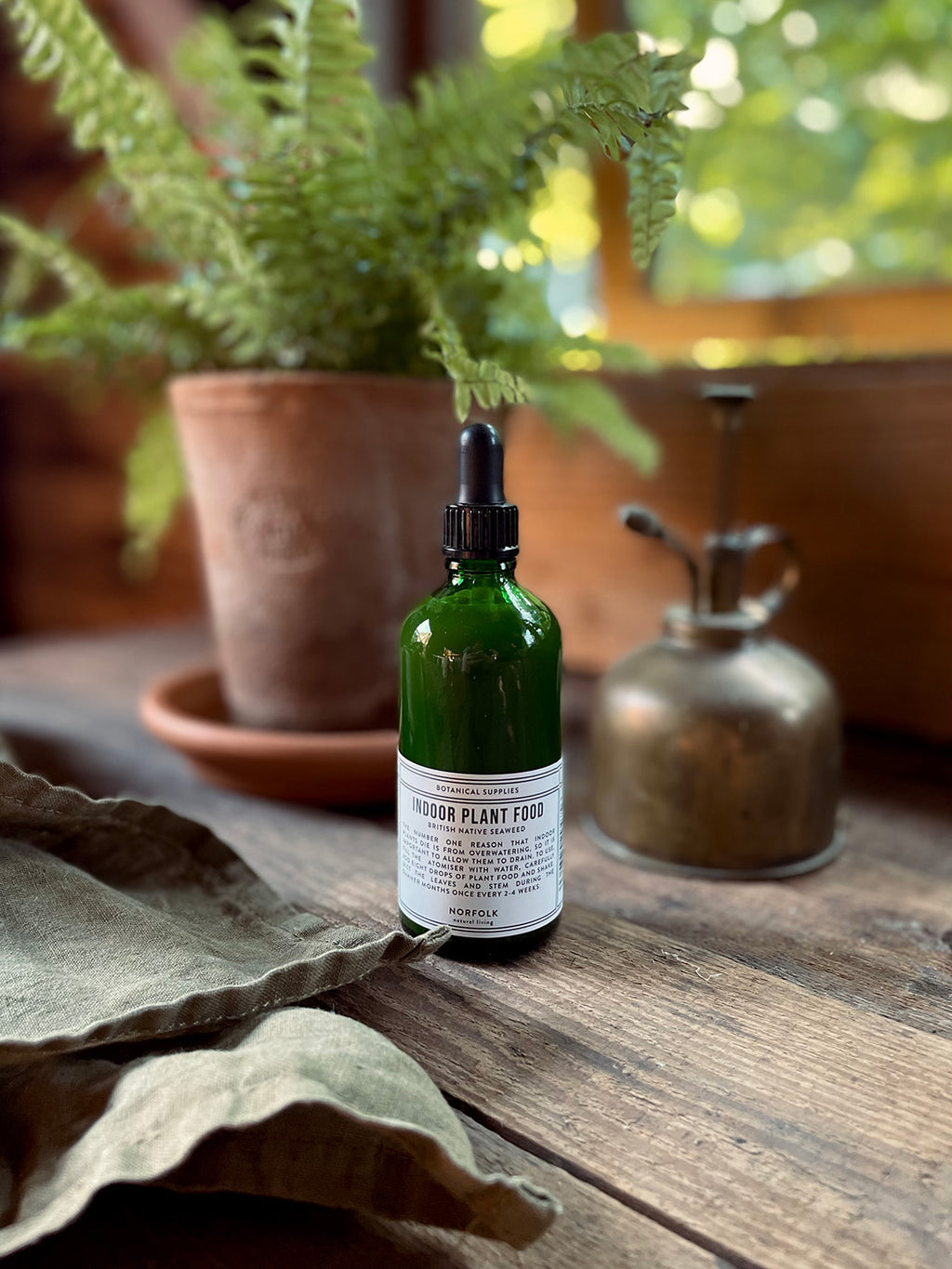 Indoor plant food solution in a dark green glass dropper bottle sitting on a rustic wooden surface, with a potted fern and vintage brass mister bottle in the background.