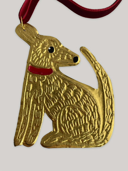 Gold tin dog handmade Christmas decoration with red velvet ribbon - detail.