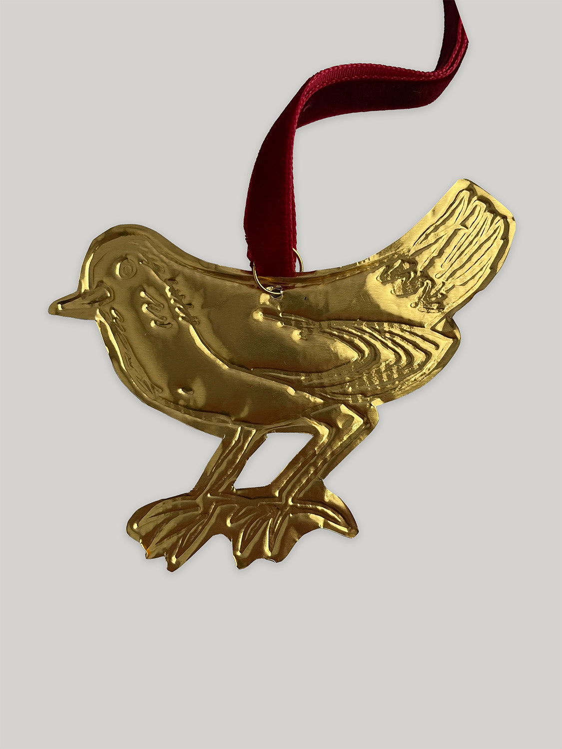 Gold tin robin handmade Christmas decoration with red velvet ribbon - back.