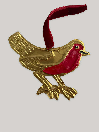 Gold tin robin handmade Christmas decoration with red velvet ribbon - detail.