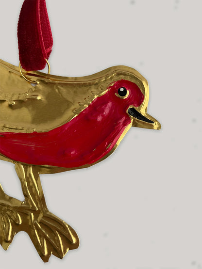 Gold tin robin handmade Christmas decoration with red velvet ribbon - detail.