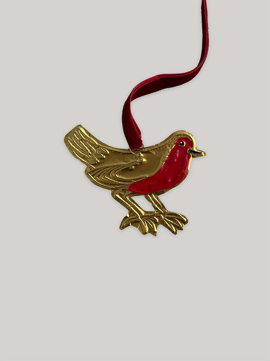 Gold tin robin handmade Christmas decoration with red velvet ribbon - front.