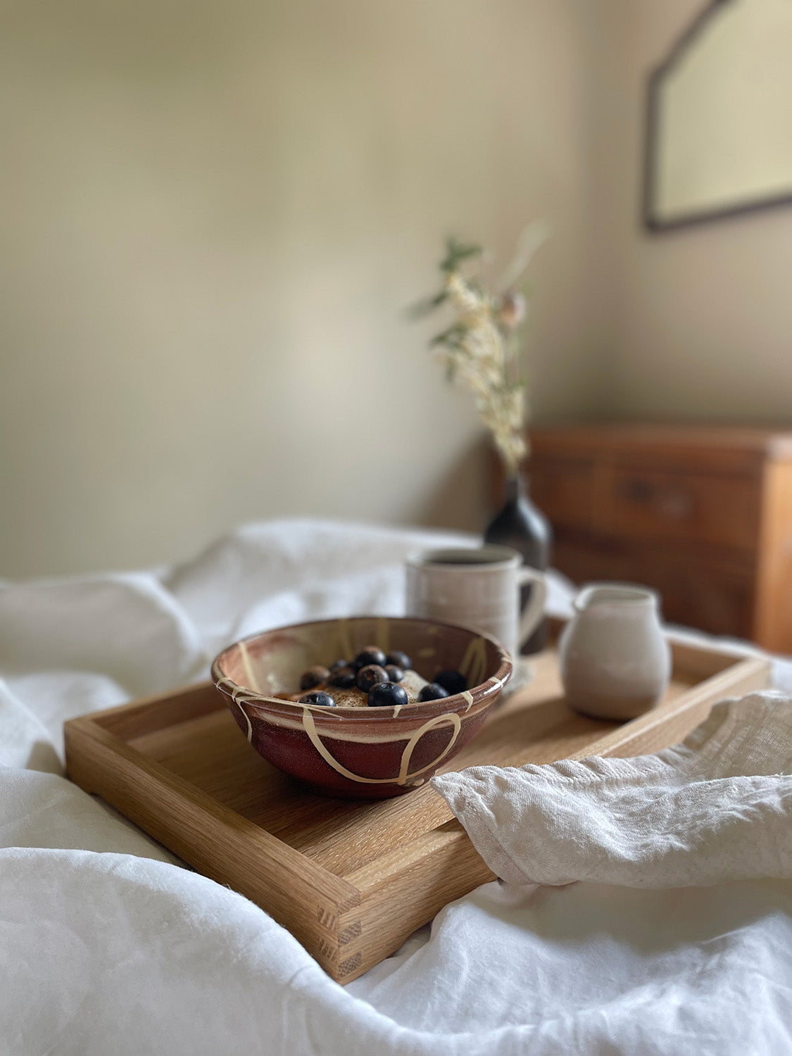 Handmade rectangular oak tray with breakfast set-up.