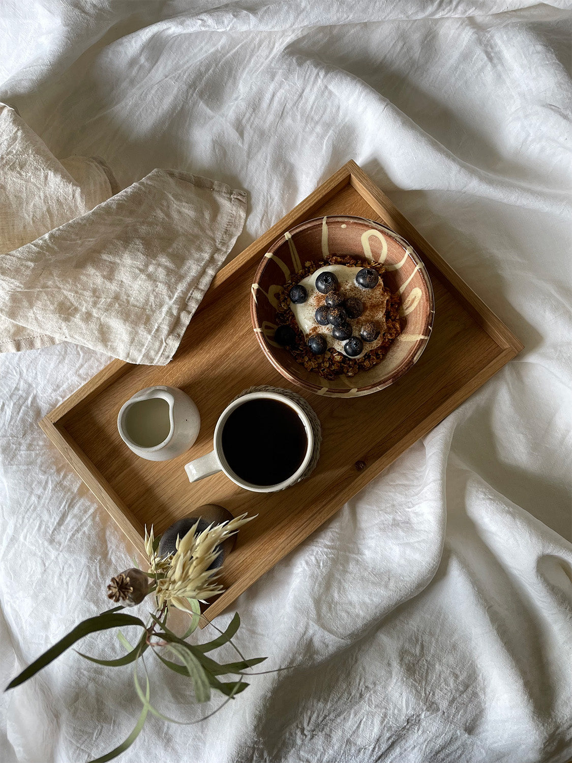 Handmade rectangular oak tray with breakfast set-up.