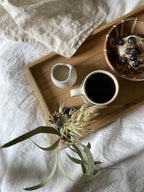 Handmade rectangular oak tray with breakfast set-up.