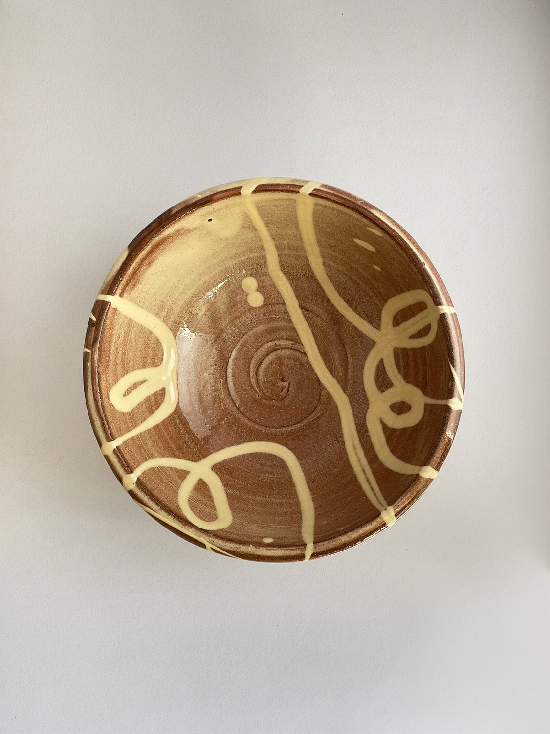 Handmade slipware breakfast bowl - top.
