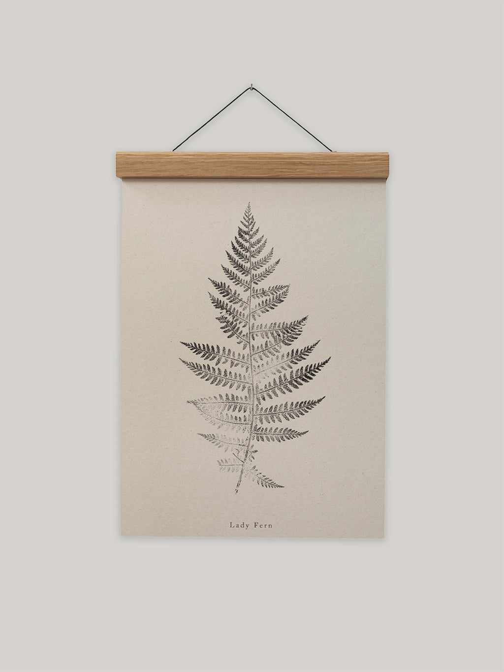 Framed print of a fern leaf on a beige background.