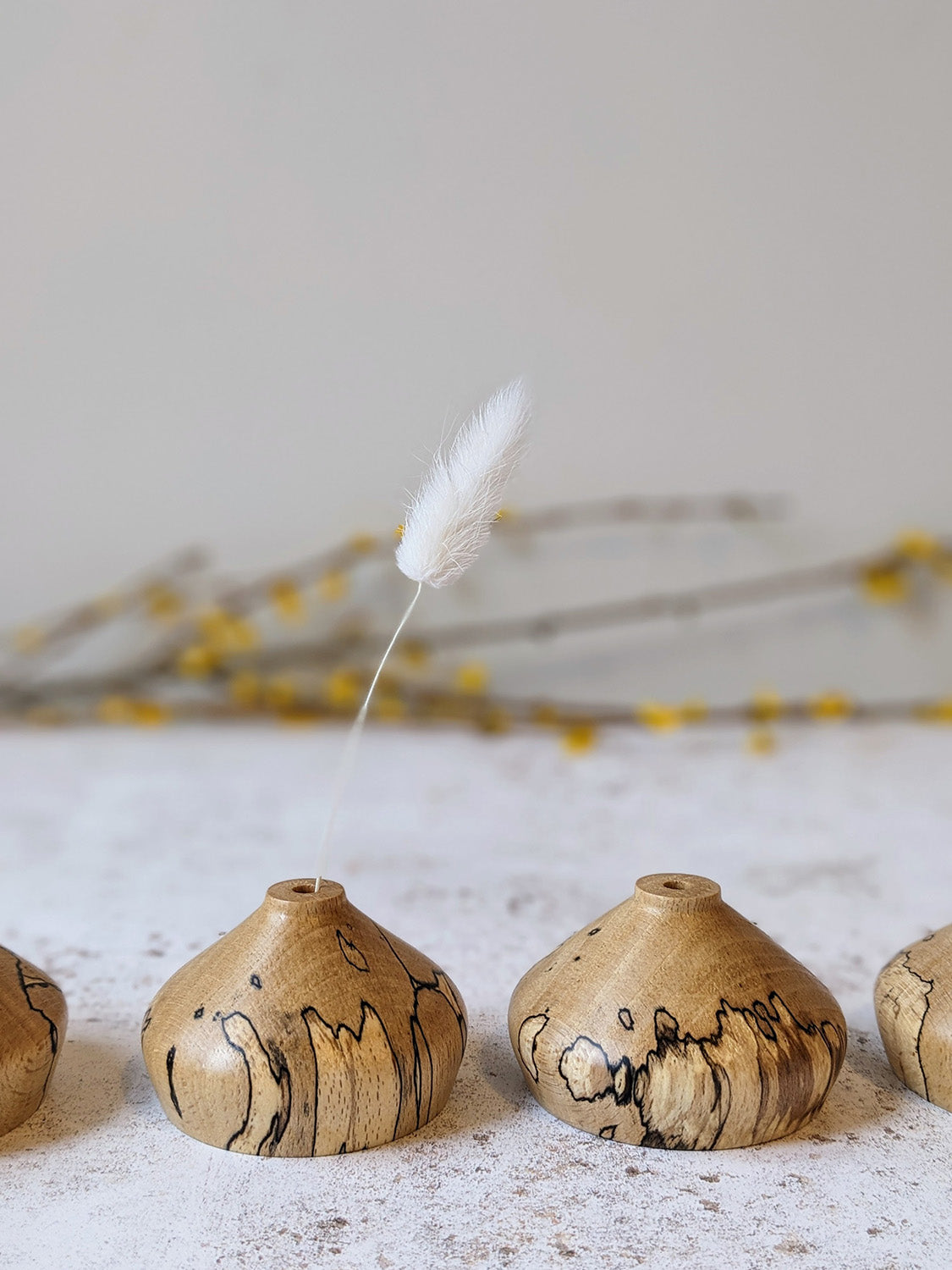 Group of low miniature bud vases in spalted Beech with dried stems, on a mottled off-white surface against a plain taupe wall with yellow dried foliage in the background - front view.