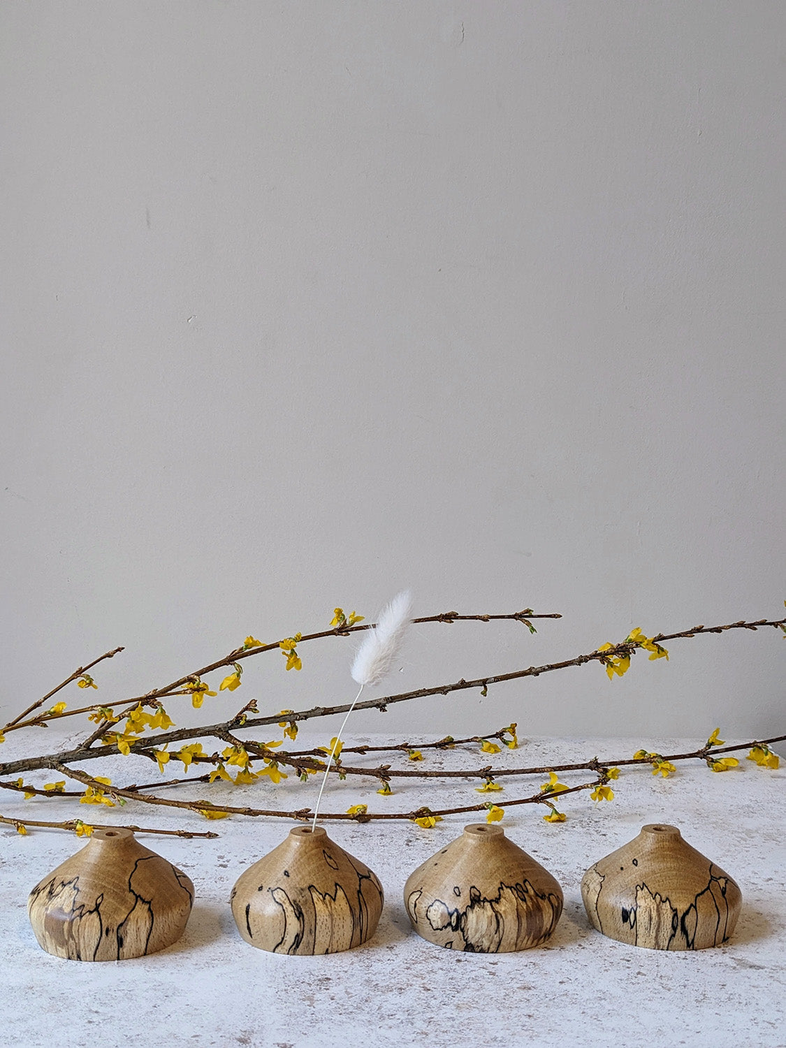 Group of low miniature bud vases in spalted Beech with dried stems and yellow dried foliage behind, on a mottled off-white surface against a plain taupe wall - front view.