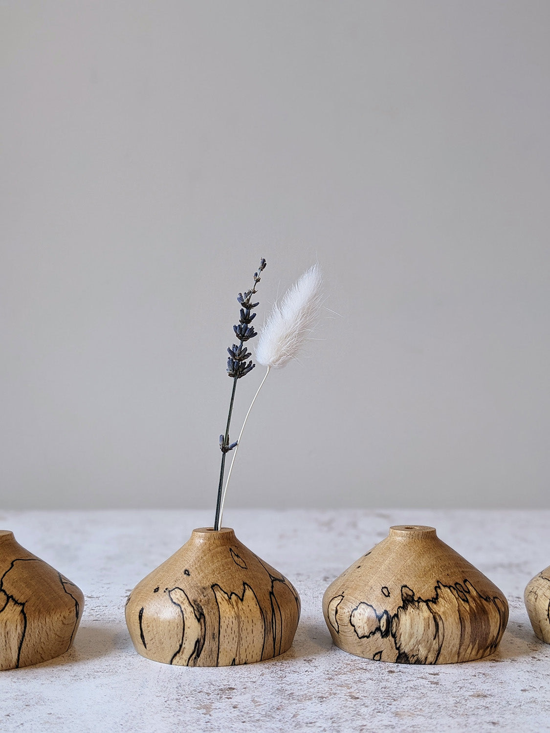 Group of low miniature wooden bud vases in spalted Beech with dried stems - front view.