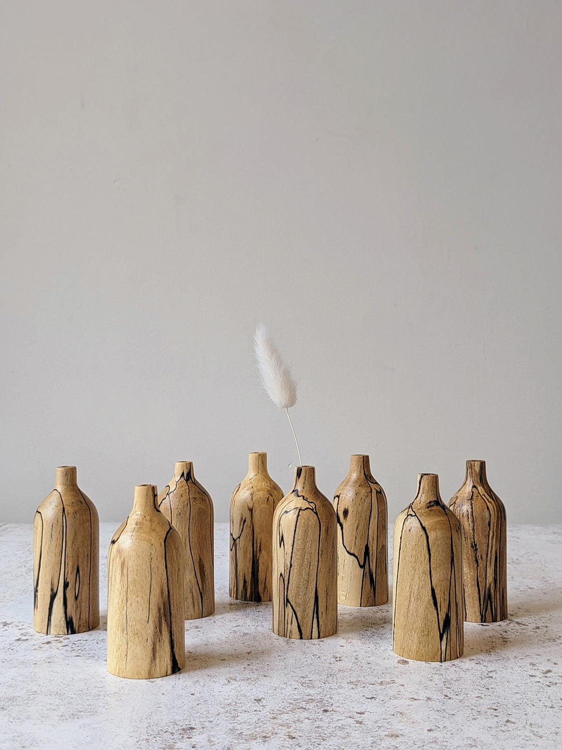 Group of eight miniature bud vases in spalted Beech, on a mottled off-white surface against a plain taupe wall - front view.