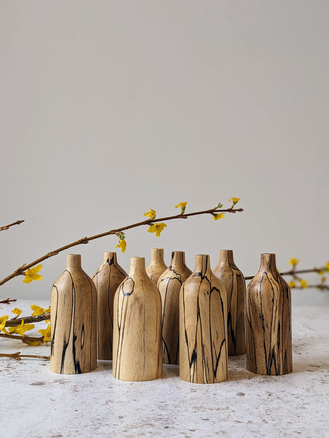 Group of eight miniature bud vases in spalted Beech with branches with yellow flowers behind, on a mottled off-white surface against a plain taupe wall - front view.