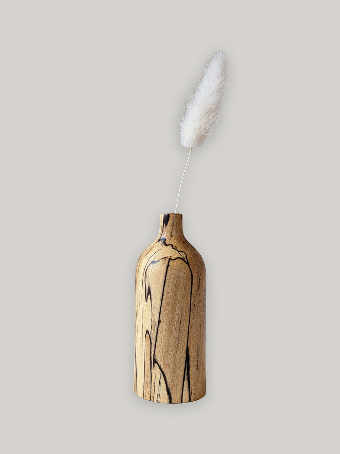 Miniature wooden bud vase in spalted Beech with dried stem - front view cutout.