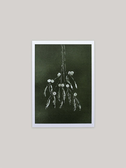 Botanical Christmas card with mistletoe design on a dark green background.