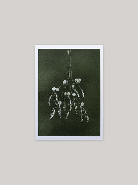 Botanical Christmas card with mistletoe design on a dark green background.