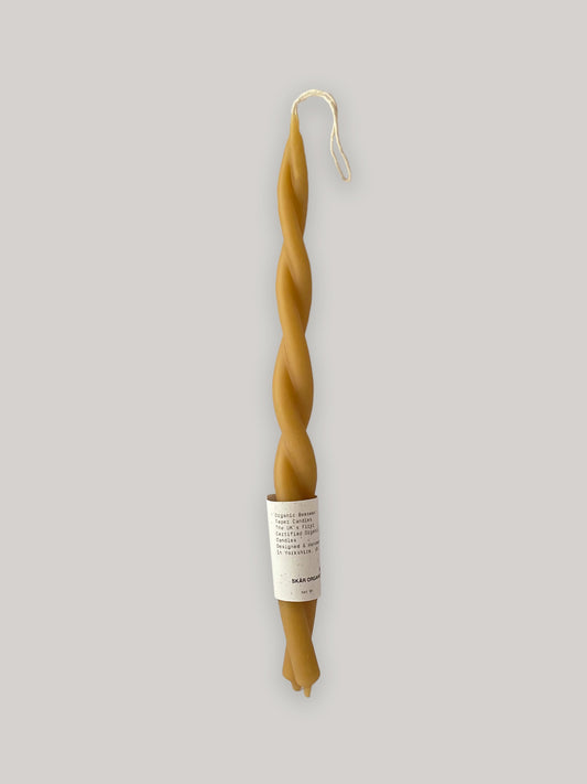 Organic beeswax hand-dipped twisted candle - front.