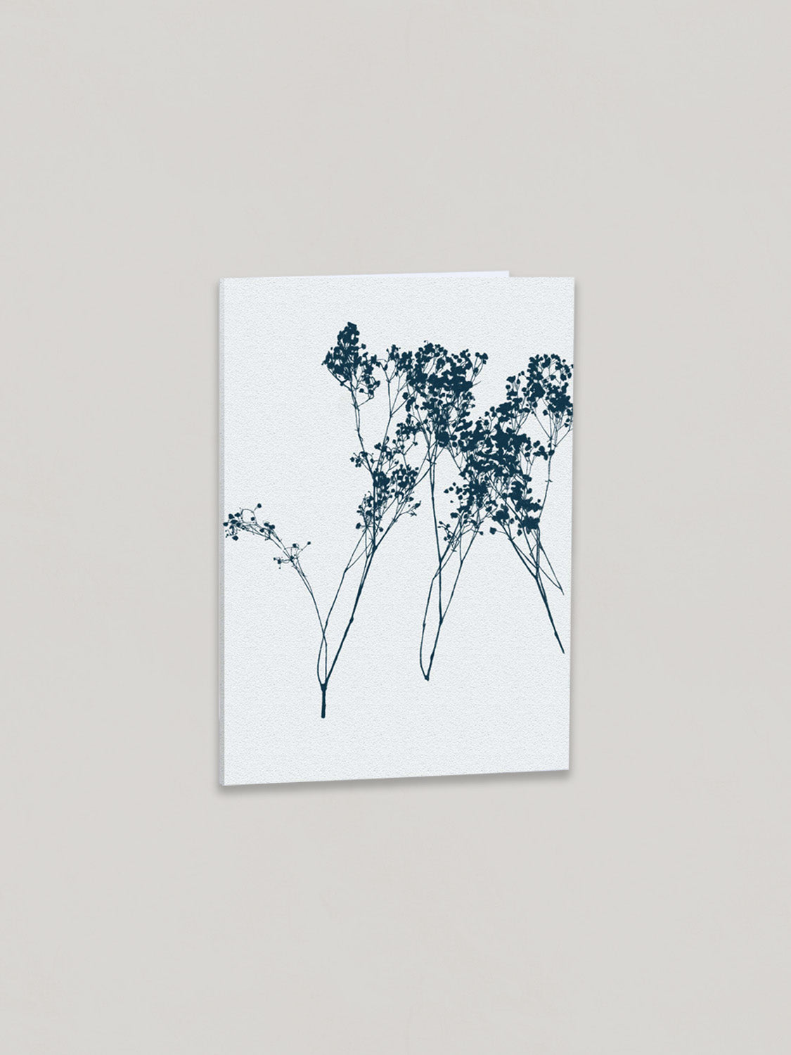 Quiet botanical greetings card on a plain taupe background - front view.